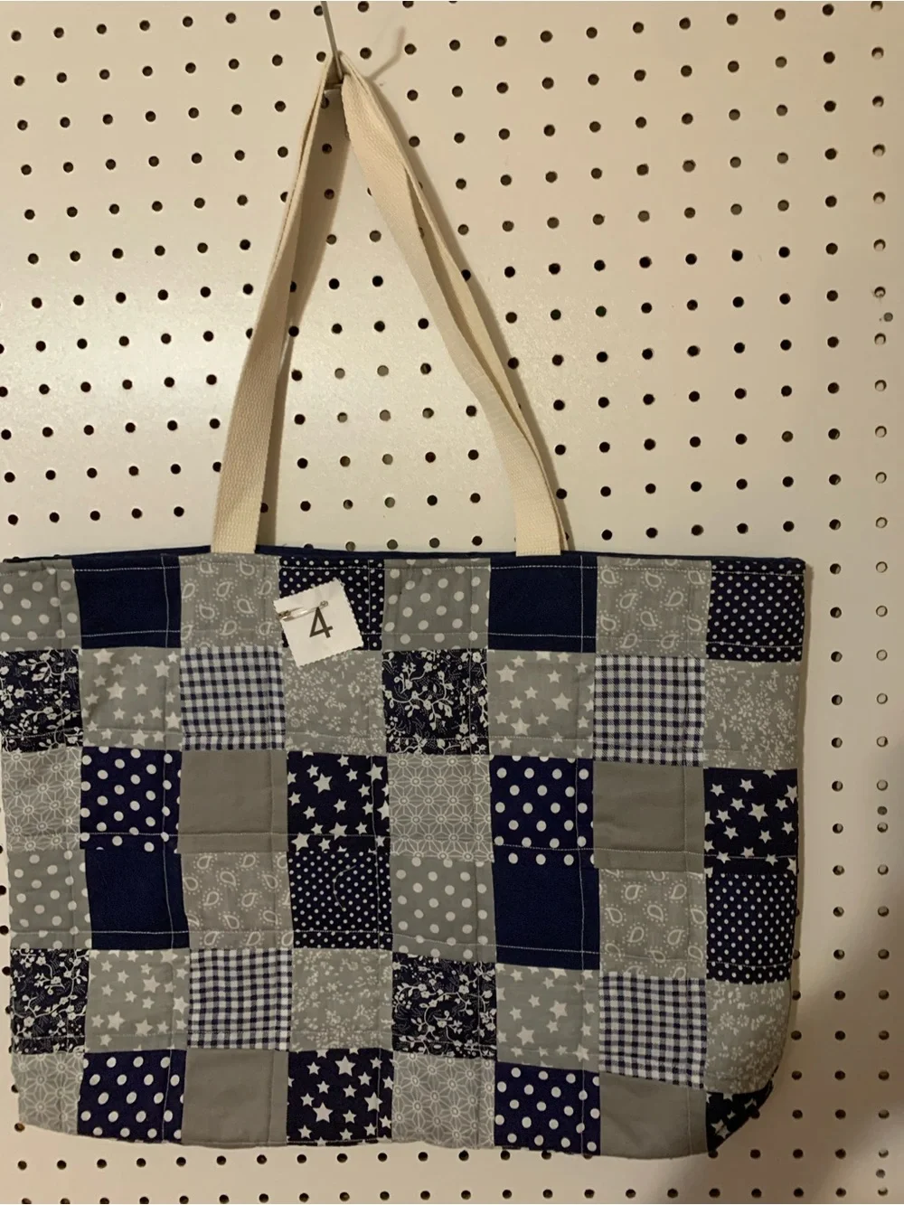 Canvas Patchwork Tote Bag in Navy and Gray